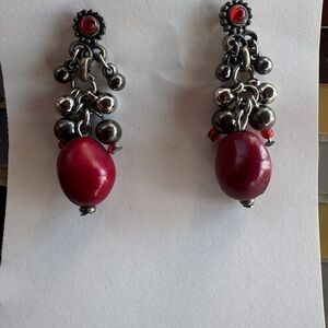 Vintage Crimson Red Silver Pierced Earrings